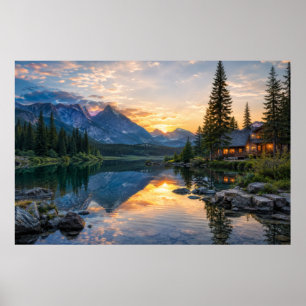 Cosy Mountain Cabin on Pristine Reflection Lake Poster