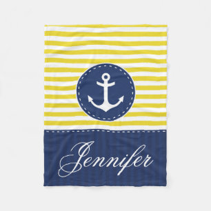 Cosy Nautical Yellow Blue Anchor Custom Text Fleece Blanket