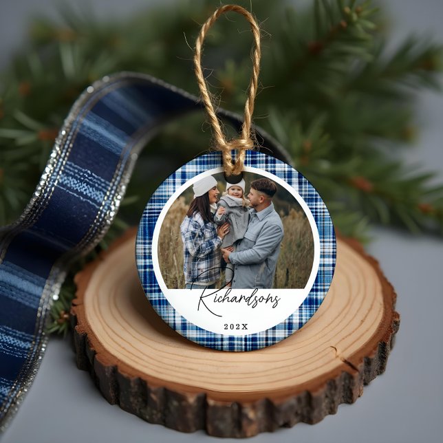 Cosy Navy and Blue Plaid fabric Family Photo Ceramic Tree Decoration (Cozy Navy and Blue Plaid fabric Family Photo Ceramic Ornament)