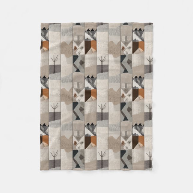 Cosy neutral patchwork pattern fleece blanket (Front)