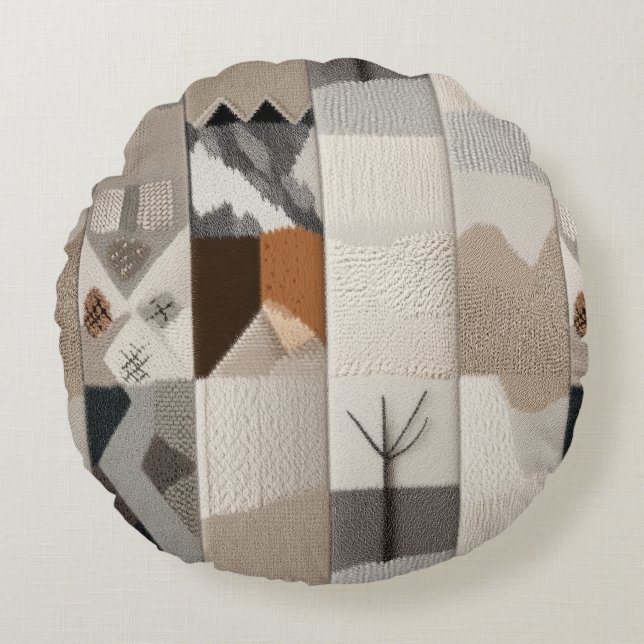 Cosy neutral patchwork pattern round cushion (Front)