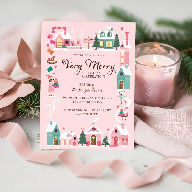 Cosy North Pole Pink Elf Workshop Christmas Party  Invitation (Cozy North Pole Pink Elf Workshop Christmas Party Invitation)