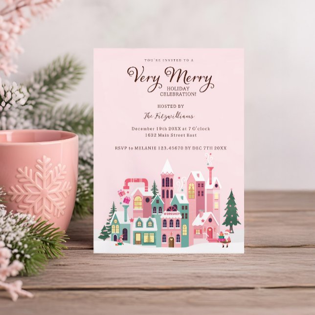 Cosy North Pole Pink Elf Workshop Christmas Party  Invitation (Cozy North Pole Pink Elf Workshop Christmas Party Invitation)