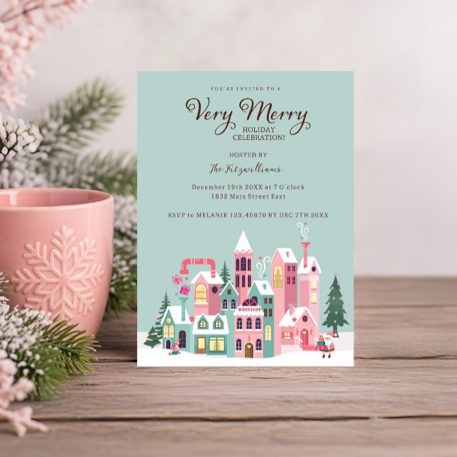 Cosy North Pole Pink Elf Workshop Christmas Party  Invitation (Cozy North Pole Pink Elf Workshop Christmas Party Invitation)