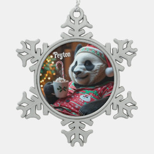 Cosy Panda in Christmas Pyjamas Personalised Snowflake Pewter Christmas Ornament