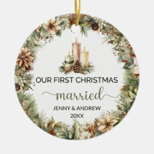 Cosy pastel green and beige Christmas candles Ceramic Tree Decoration