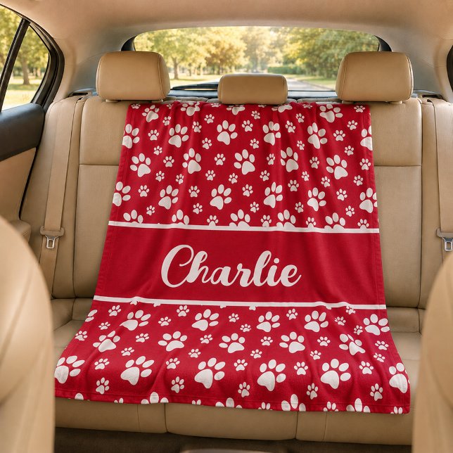 Cosy Paw Print Personalised Dog Blanket – Custom P (Red dog blanket personalied)