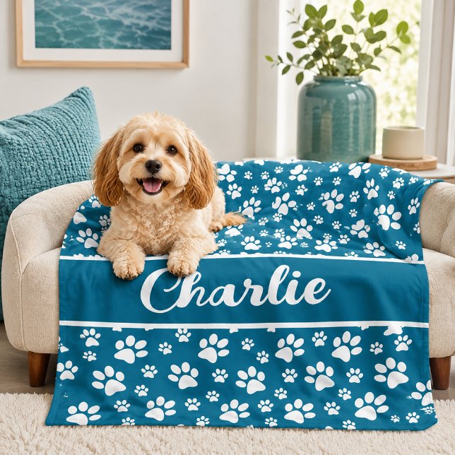 Cosy Paw Print Personalised Dog Blanket – Custom P (teal dog blanket personalized)