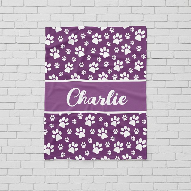 Cosy Paw Print Personalised Dog Blanket – Custom P (Purple cozy dog blanket - personalized with name)