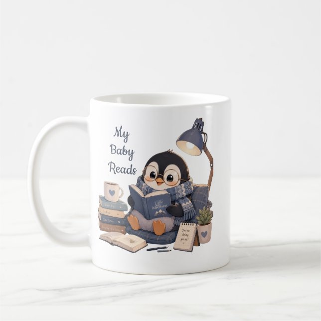 Cosy Penguin Reading Book Coffee Mug (Left)