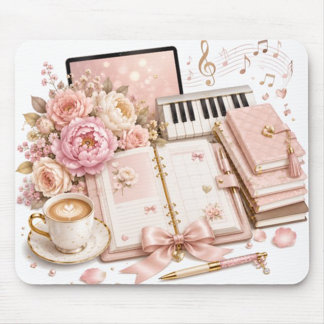 Cosy Piano Planner Coffee Floral Mouse Pad (Front)