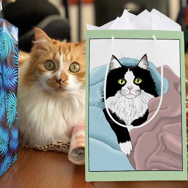 Cosy Pink Blue Whimsical Tuxedo Cat Blankets Medium Gift Bag (Creator Uploaded)