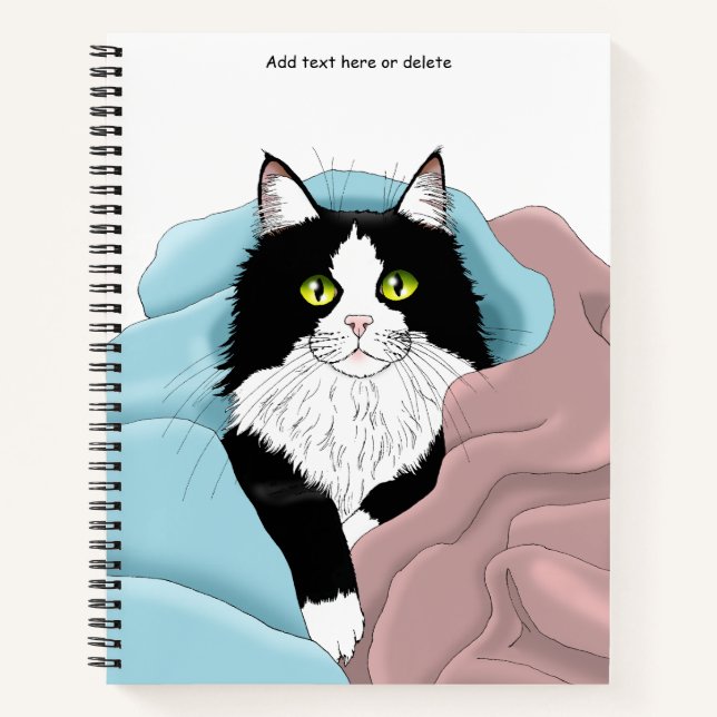 Cosy Pink Blue Whimsical Tuxedo Cat Blankets Notebook (Front)