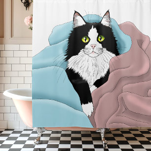 Cosy Pink Blue Whimsical Tuxedo Cat Blankets Shower Curtain