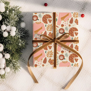 Cosy Pink & Brown Pinecones Plaid Holiday Sweater Wrapping Paper