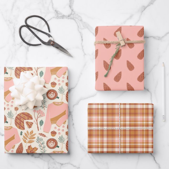 Cosy Pink & Brown Pinecones Plaid Holiday Sweater Wrapping Paper Sheet (Front)