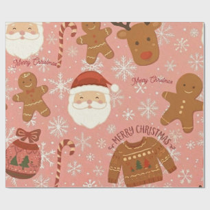 Cosy Pink Christmas Gingerbread & Reindeer Gift Wrapping Paper
