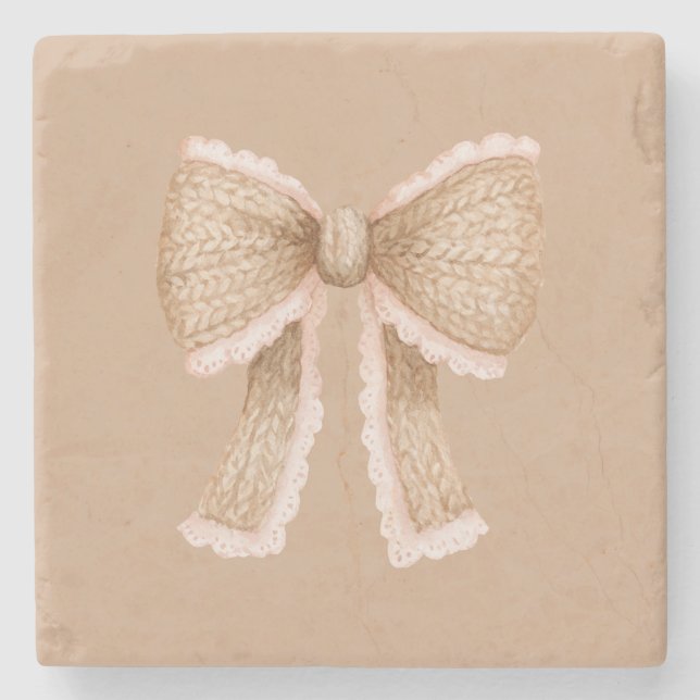 Cosy Pink Cream Bow Stone Coaster (Front)