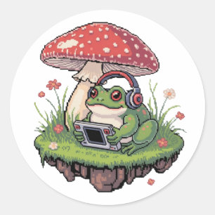 Cosy Pixel Gamer Frog Mushroom Classic Round Sticker