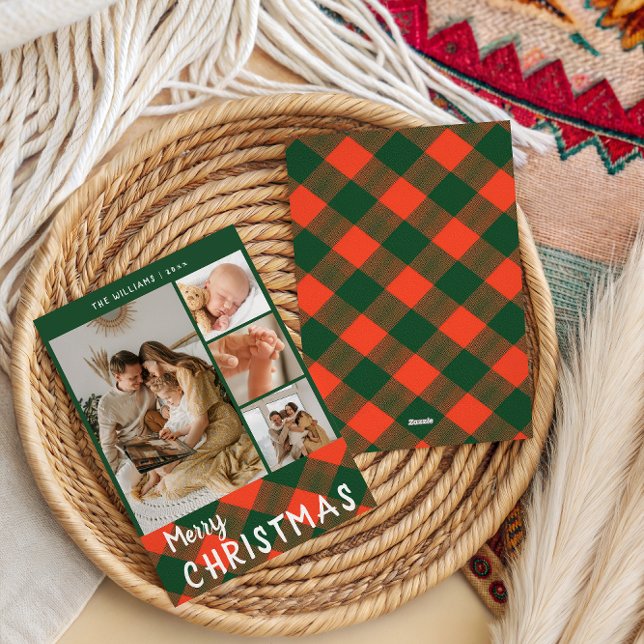 Cosy Plaid Family Collage Merry Christmas Holiday Card (Creator Uploaded)