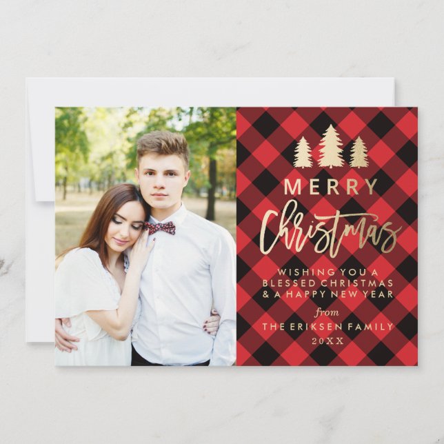 Cosy Plaid Holiday Photo Card in Red (Front)