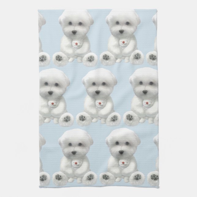 Cosy Plush Moment: Smiling Bichon Hugging Mini Tea Towel (Vertical)