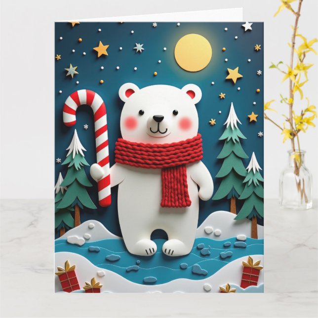 Cosy Polar Bear in Winter Wonderland Christmas Card (Yellow Flower)