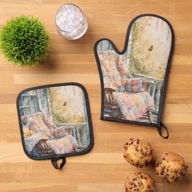 Cosy Porch with Quilt and Lemonade Charm Oven Mitt & Pot Holder Set (Top Down)