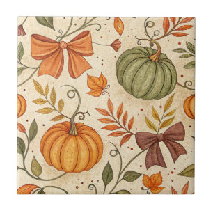 Cosy Pumpkin Botanical Autumn Seamless Pattern Tile
