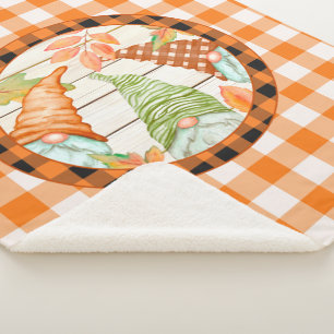 Cosy Pumpkin Buffalo Plaid Gnome Sherpa Blanket