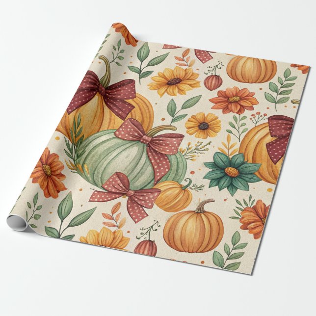Cosy Pumpkin Floral Autumn Seamless Pattern Wrapping Paper (Unrolled)