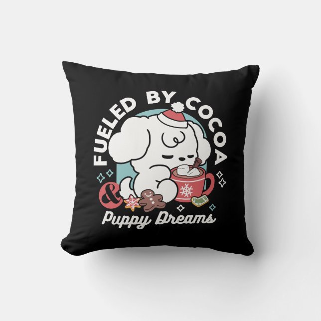 Cosy Puppy Dreams – Hot Chocolate and Christmas Cushion (Front)