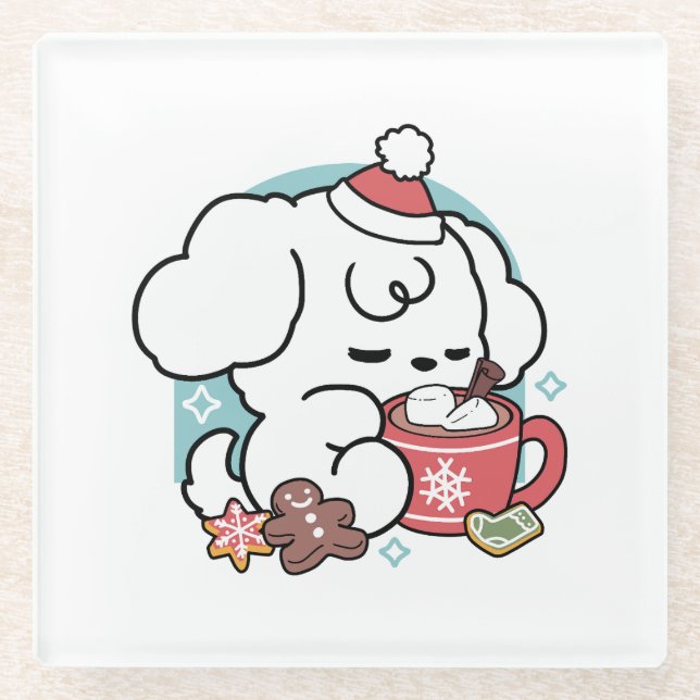 Cosy Puppy Dreams – Hot Chocolate and Christmas Glass Coaster (Front)