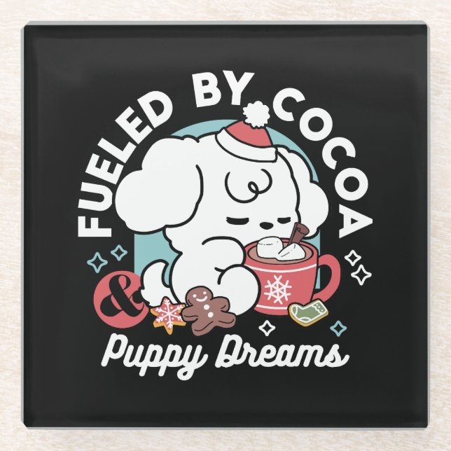 Cosy Puppy Dreams – Hot Chocolate and Christmas Glass Coaster (Front)