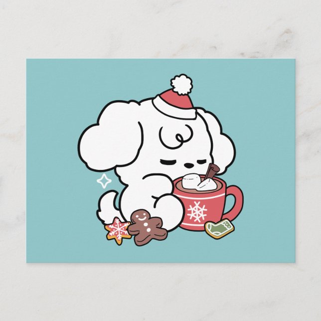 Cosy Puppy Dreams – Hot Chocolate and Christmas Holiday Postcard (Front)