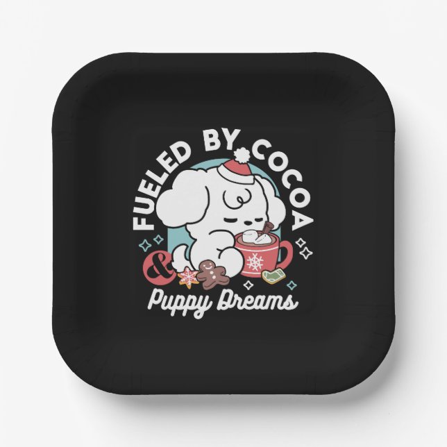 Cosy Puppy Dreams – Hot Chocolate and Christmas Paper Plate (Front)
