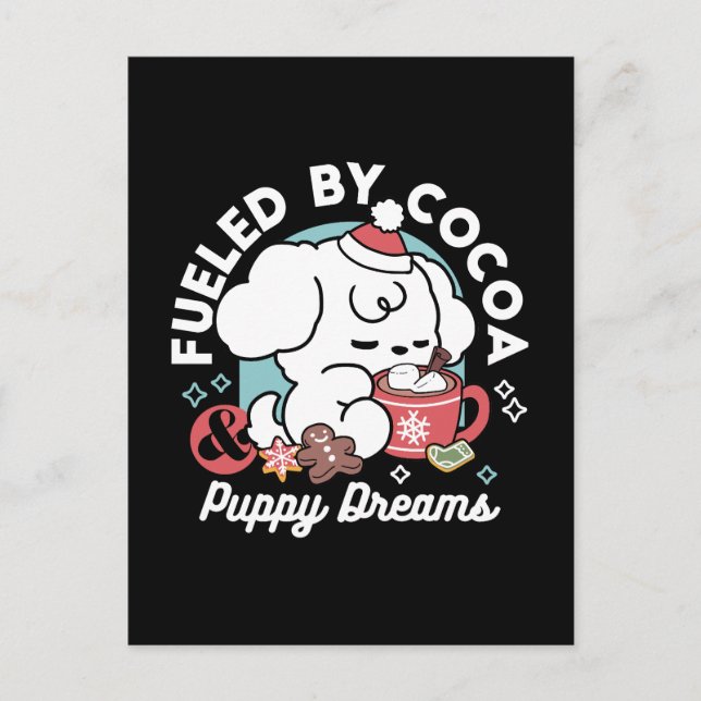 Cosy Puppy Dreams – Hot Chocolate and Christmas Postcard (Front)