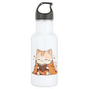 Cosy Reading Cat Kawaii Bookworm Kitten Design 532 Ml Water Bottle