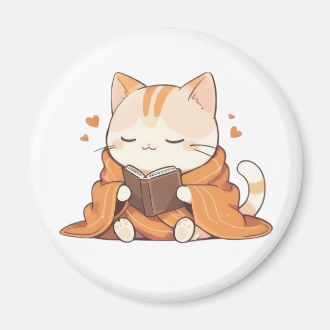Cosy Reading Cat Kawaii Bookworm Kitten Design Magnet (Front)
