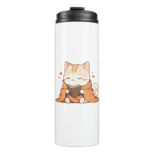 Cosy Reading Cat Kawaii Bookworm Kitten Design Thermal Tumbler