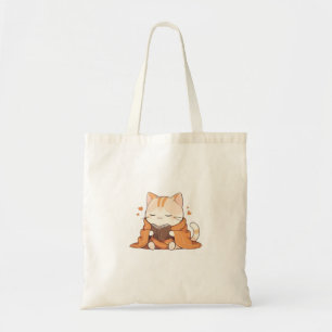 Cosy Reading Cat Kawaii Bookworm Kitten Design Tote Bag