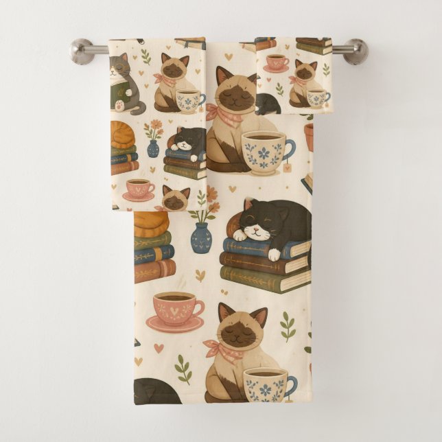 Cosy Reading Cats and Coffee Bookworm Bath Towel Set (Insitu)