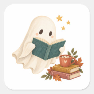 Cosy Reading Ghost with Teal Book and Cocoa Square Sticker