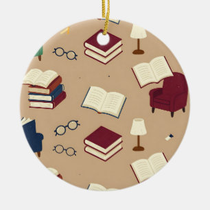 Cosy Reading Nook Books Pattern Ceramic Tree Decoration