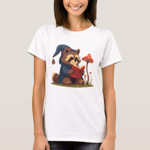 Cosy Reading Racoon with Mushrooms T-Shirt