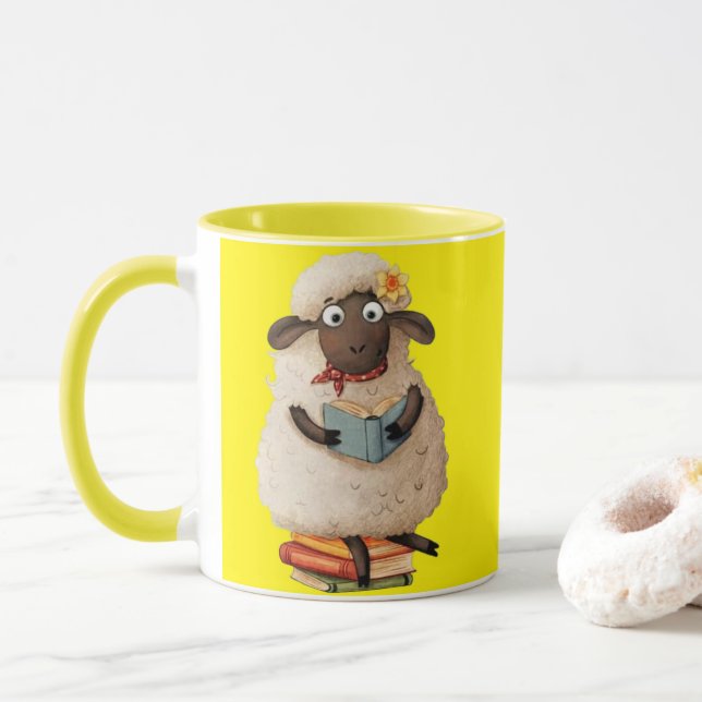 Cosy Reading Sheep – Cute Animal Coffee Mug (With Donut)