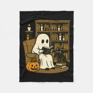 Cosy Reading With Black Cat And Pumpkin Halloween Fleece Blanket