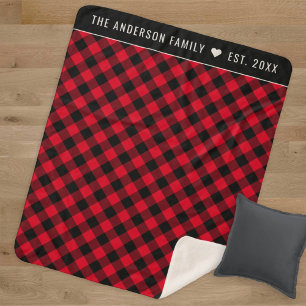 Cosy Red and Black Buffalo Plaid Family Monogram Sherpa Blanket