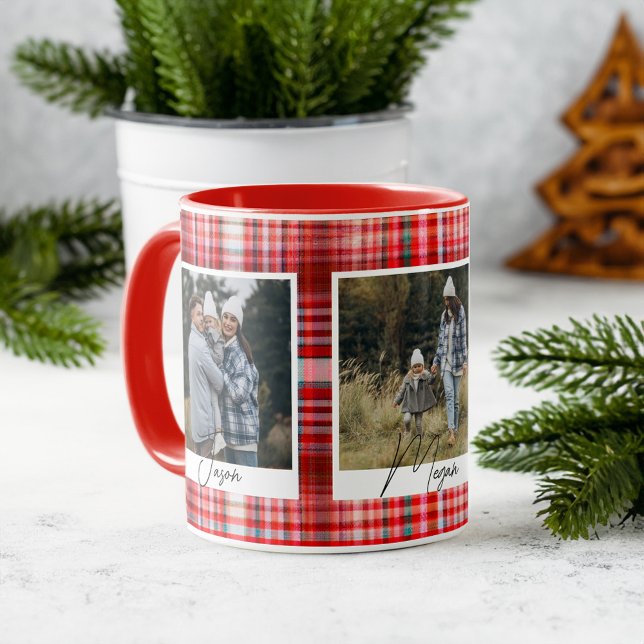 Cosy Red and White Plaid fabric Family Photos Mug (Cozy Red and White Plaid fabric Family Photos Mug)