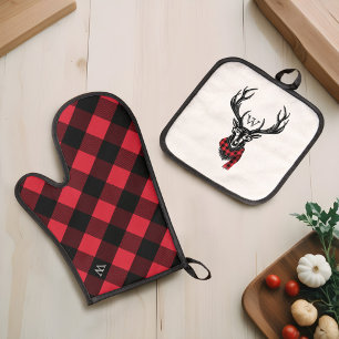 Cosy Red & Black Buffalo Plaid Deer Monogram Oven Mitt & Pot Holder Set